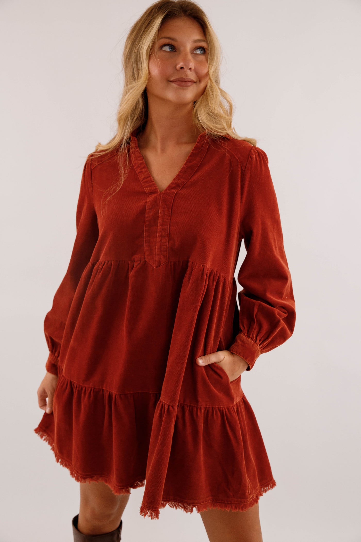 Rust Tiered Corduroy Dress- Fringe Hem Pocket Dress- Women's Fall and Winter Dresses