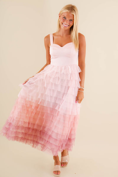 Gorgeous Tiered Pink Tulle Midi Dress- Pink Ombre Tulle Dress- Women's Tulle Party Dress