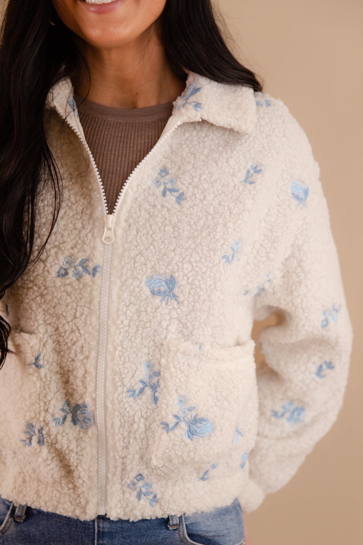 Blue Floral Embroidery Sherpa Pullover- Women's Flower Winter Zip Up Jacket