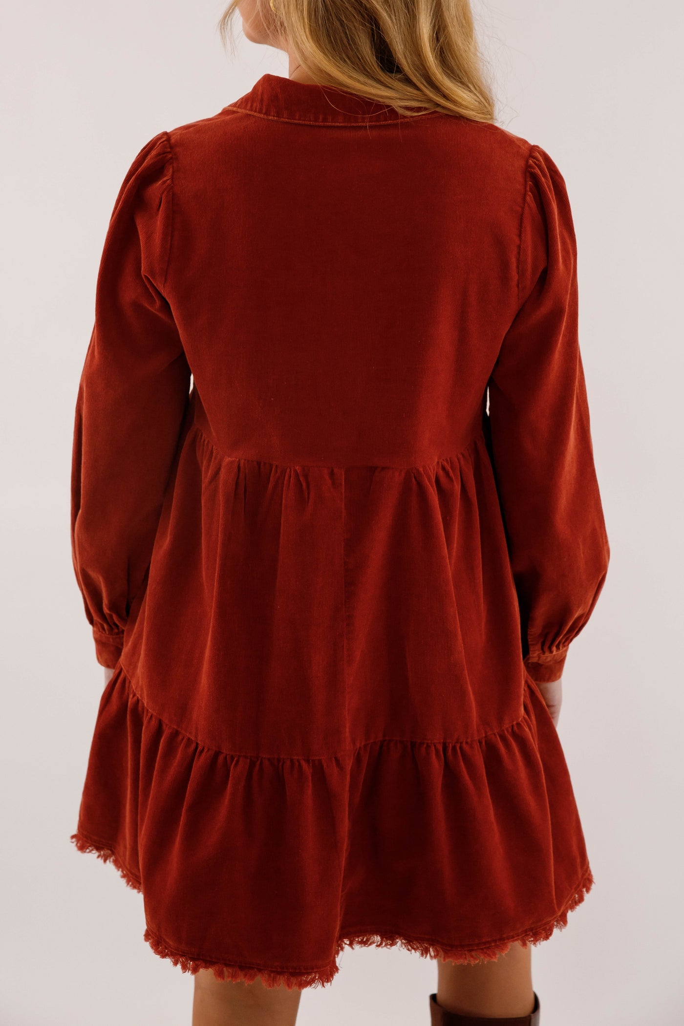 Rust Tiered Corduroy Dress- Fringe Hem Pocket Dress- Women's Fall and Winter Dresses