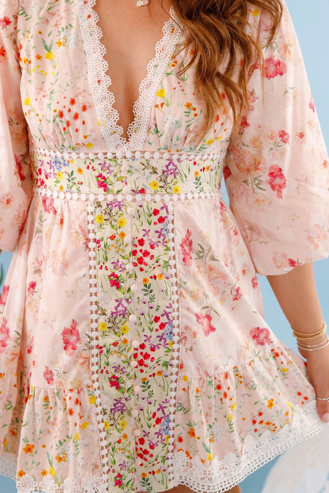 Women's Short Floral Dress- Lace Trim Multi Floral Dress- Women's Patterned Mini Dress