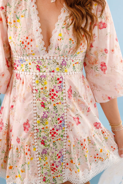 Women's Short Floral Dress- Lace Trim Multi Floral Dress- Women's Patterned Mini Dress