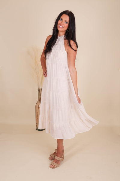 Chic High Neck Midi Dress- Women's Ivory Midi Dress- Umgee Maxi Dress