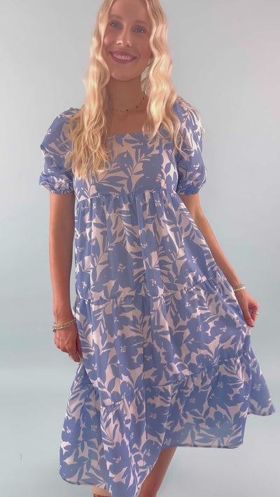 Blue Floral Print Midi Dress- Women's Vacation Dresses