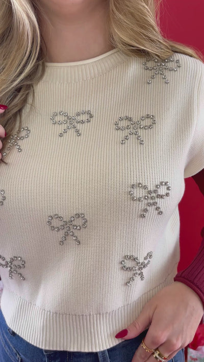 Women's Bow Sweater Top- Rhinestone Bow Sweater- Women's Bow Blouse