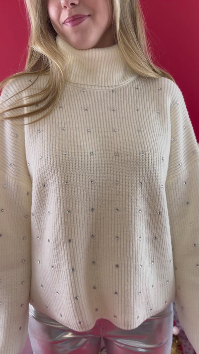 Women's Rhinestone Turtleneck Sweater- Ivory Sweater with Rhinestone Accents- Blu Pepper Rhinestone Sweater