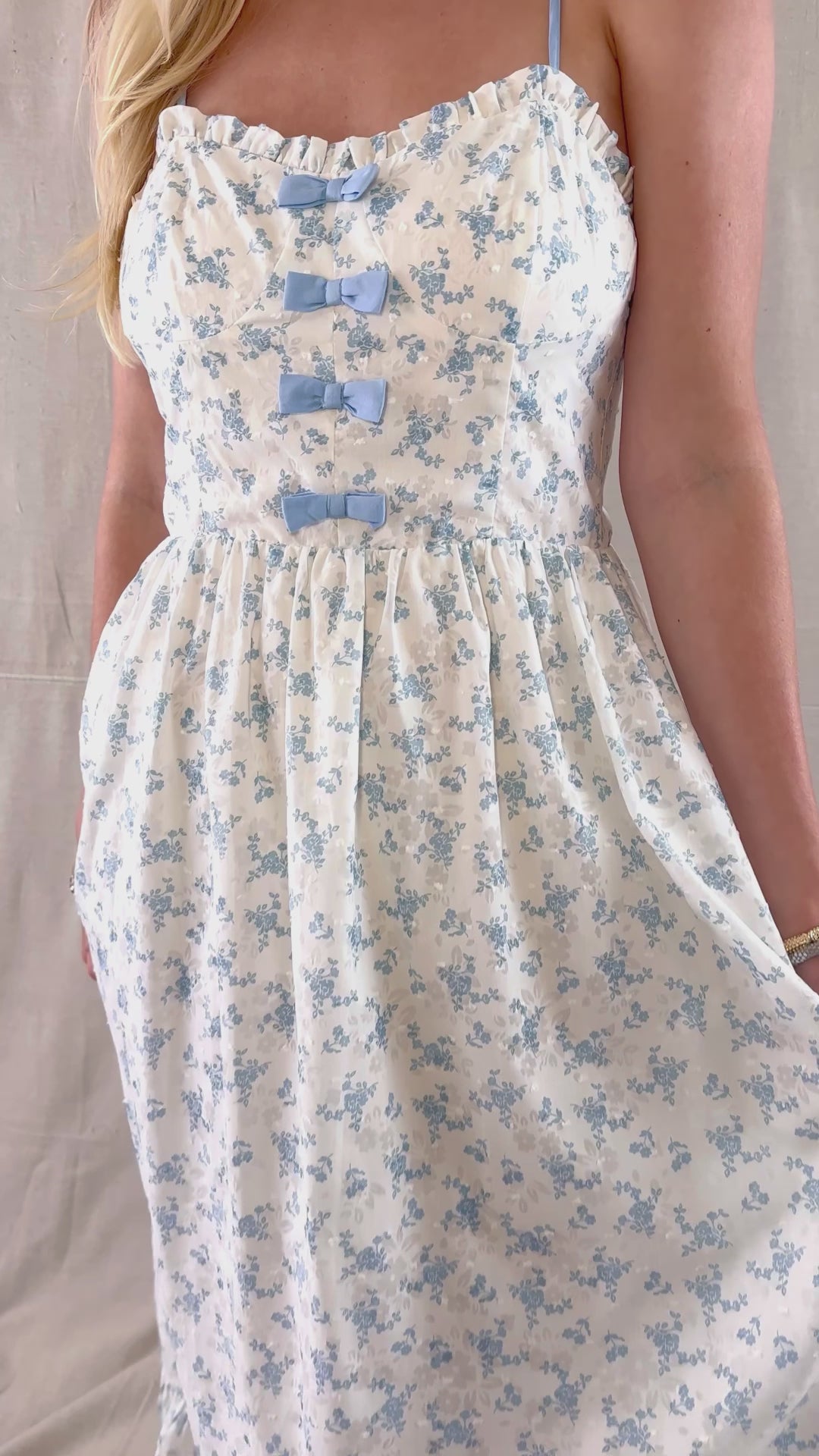 Ditzy Blue Floral Print Midi- Women's Bow Midi Dress- Cottagecore Dresses