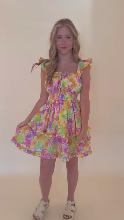 Bright Colorful Print Dress- Women's Mini Ruffle Bright Dress- &Merci Dresses