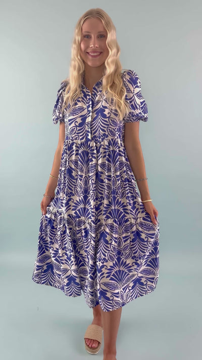 Women's Collared Midi Dress- Blue and White Print Midi