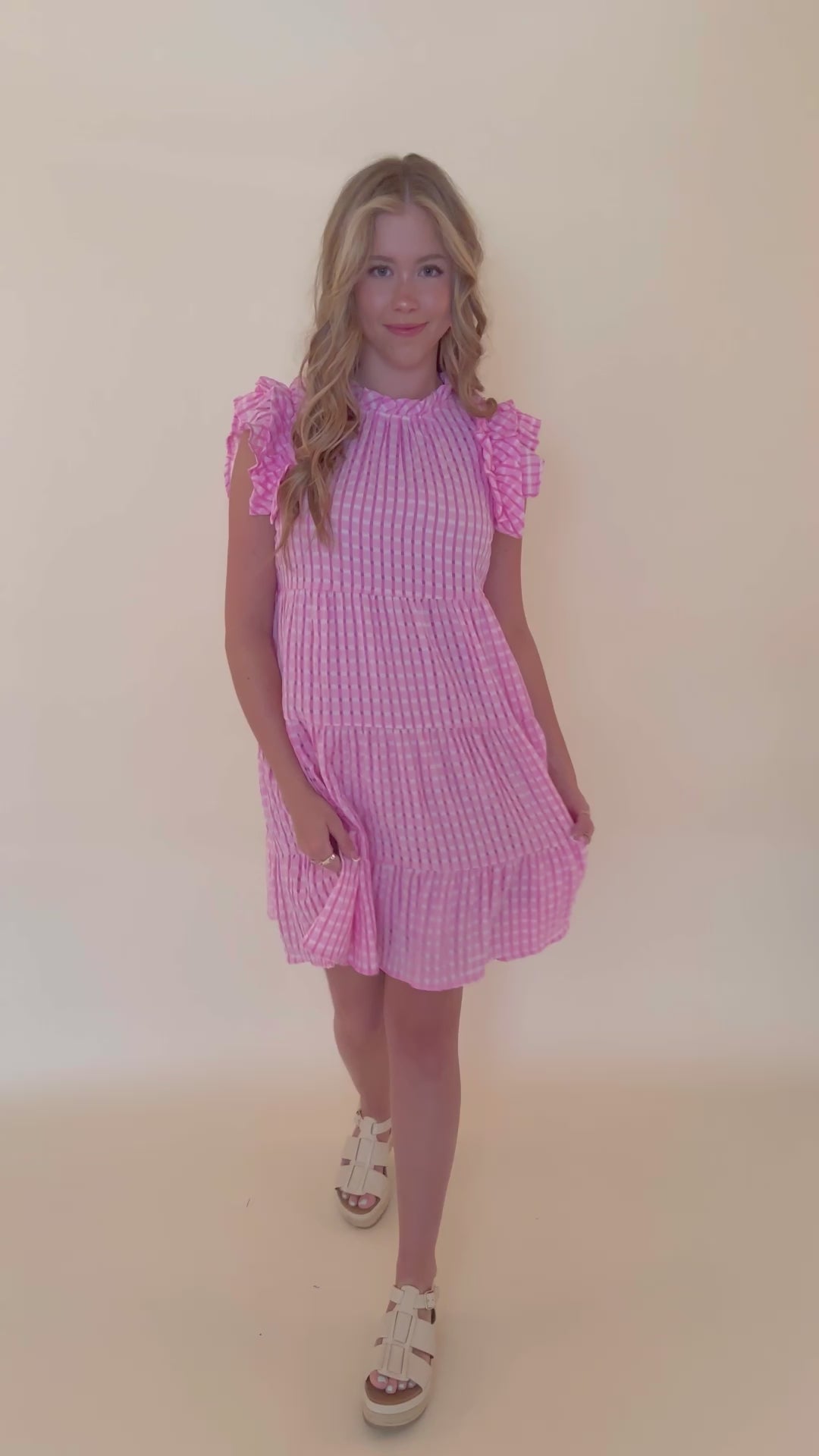 Women's Pink Gingham Dress- Women's Pink and White Seersucker Dress- Entro Dresses