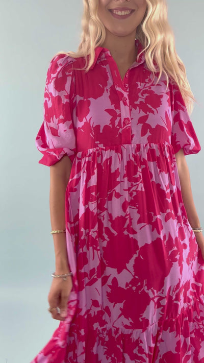 Red and Pink Floral Midi Dress- Women's Collared Midi Dress