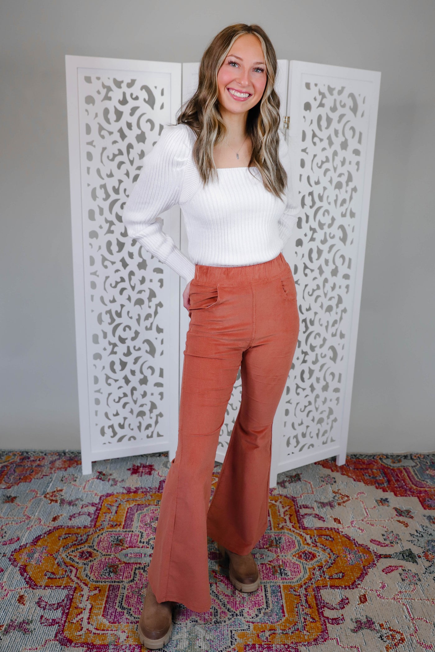 Rust Corduroy Flare Pants- Elastic Flared Pants- 