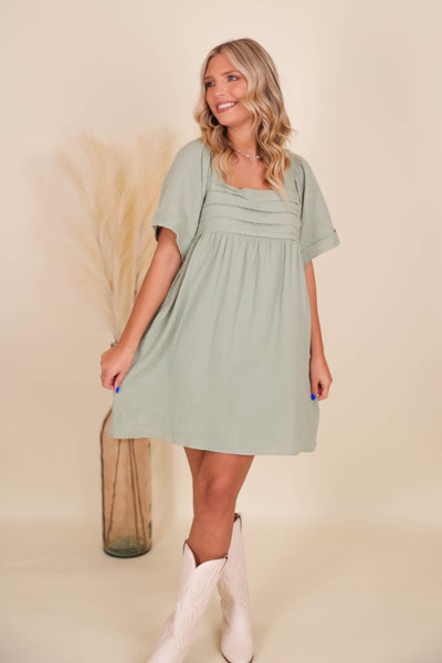 Sage Babydoll Dress- Green Tunic Dress- Women's Flowy Dress- Dresses With Pockets