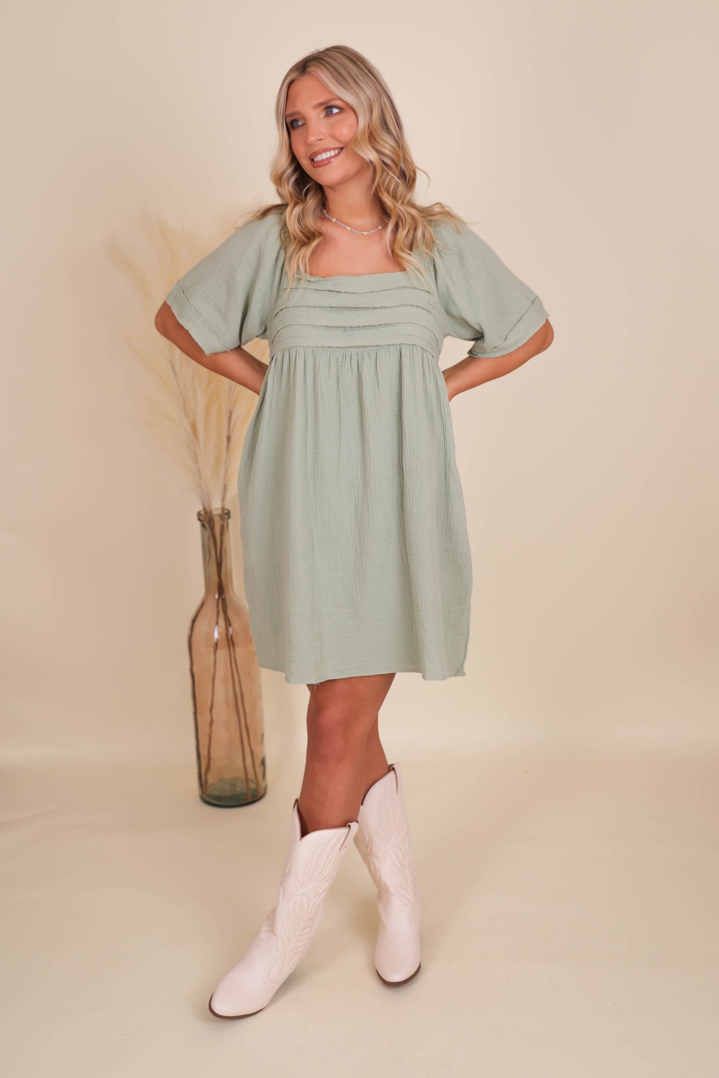 Sage Babydoll Dress- Green Tunic Dress- Women's Flowy Dress- Dresses With Pockets