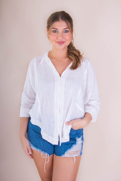 Women's Cotton Button Down- Woven White Cotton Button Down- Women's White Button Down