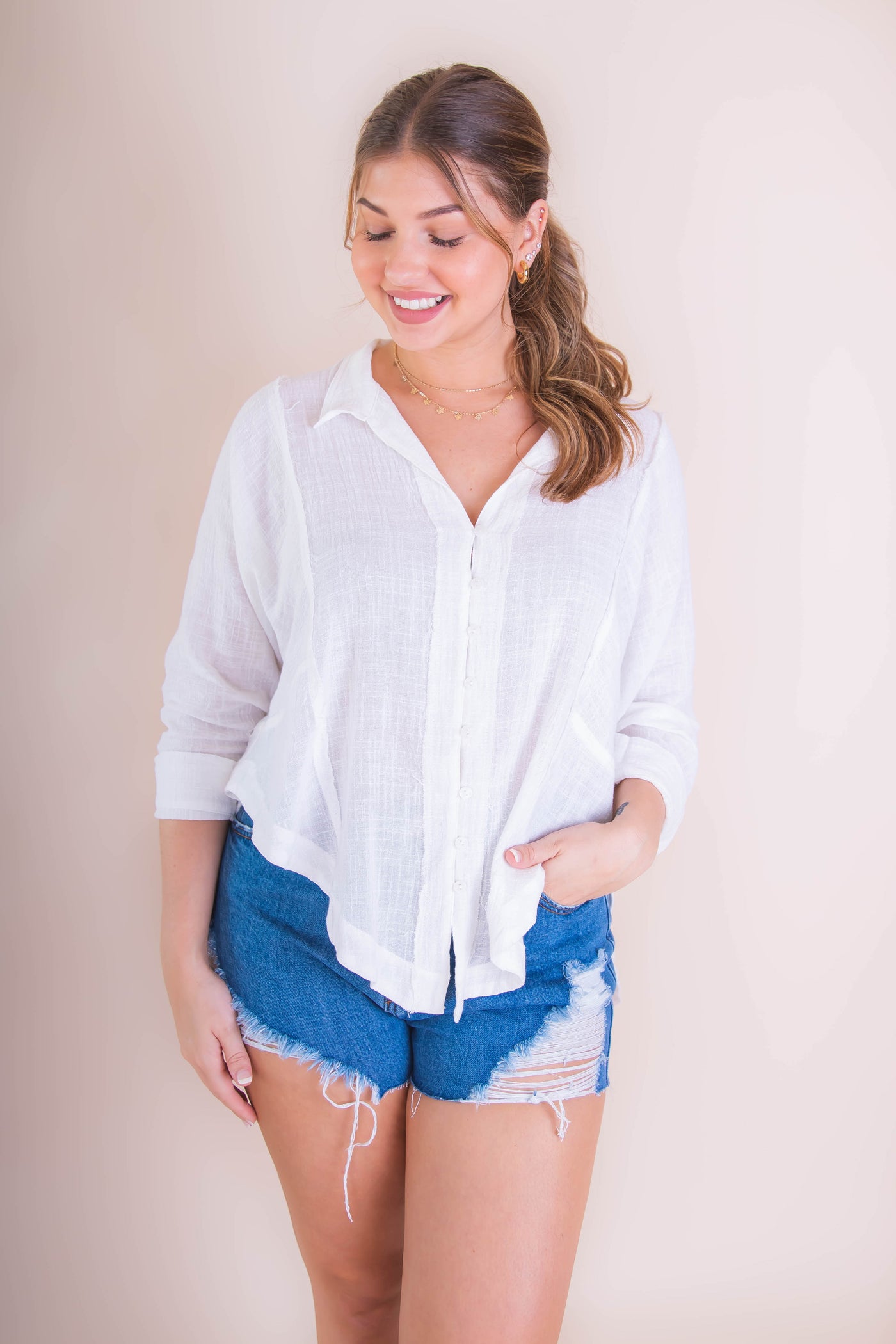 Women's Cotton Button Down- Woven White Cotton Button Down- Women's White Button Down