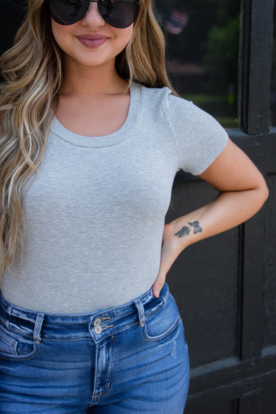 Grey Ribbed Bodysuit- Short Sleeve Bodysuit- T-Shirt Bodysuit- Mittoshop Bodysuit