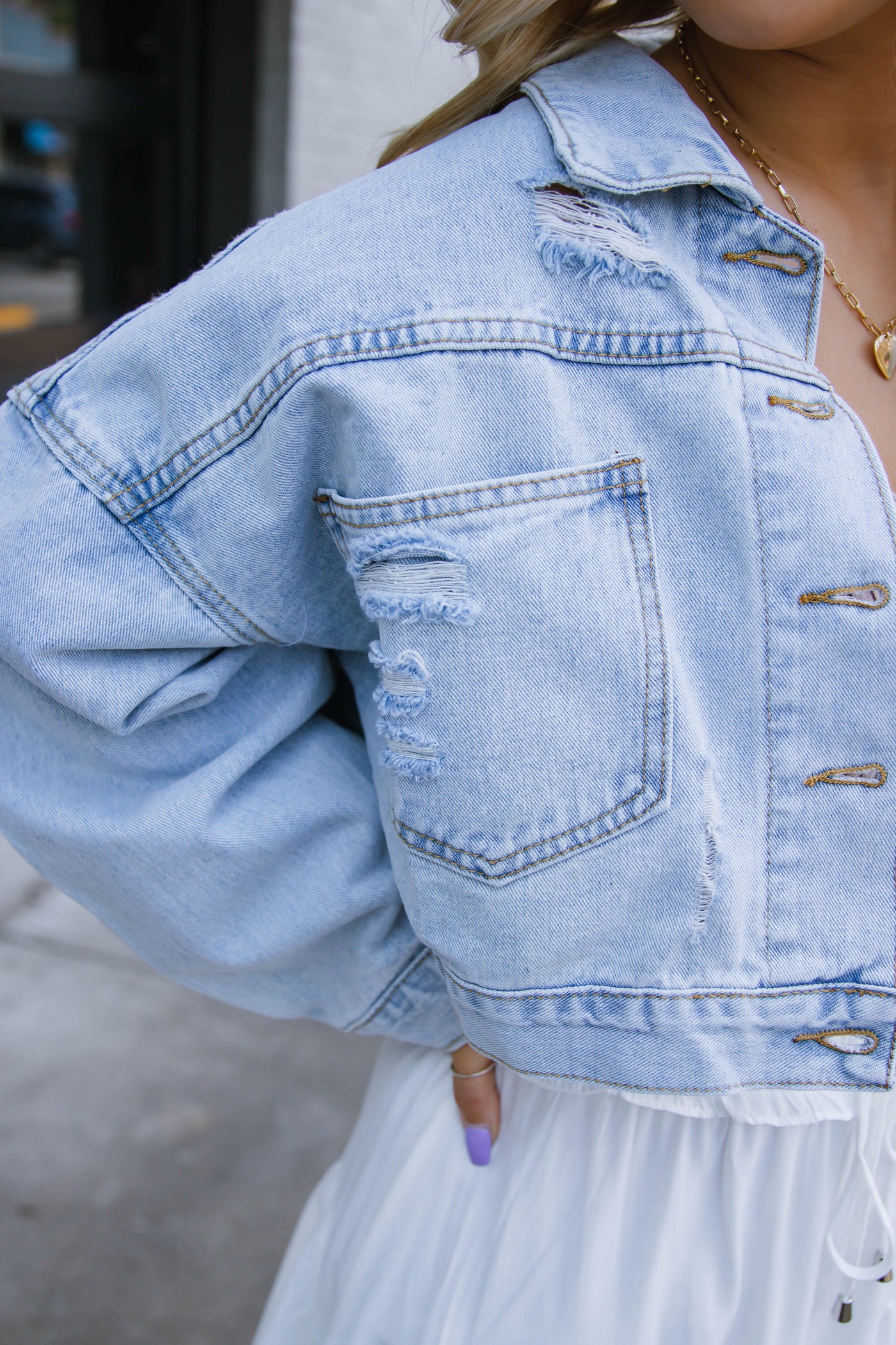 Rhinestone Denim Jacket- Rhinestone Fringe Denim Jacket- Nashville Outfit Ideas- Blue B Rhinestone Jacket