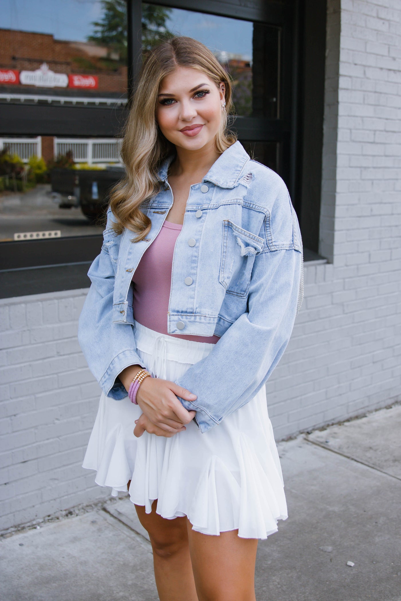 Rhinestone Denim Jacket- Rhinestone Fringe Denim Jacket- Nashville Outfit Ideas- Blue B Rhinestone Jacket