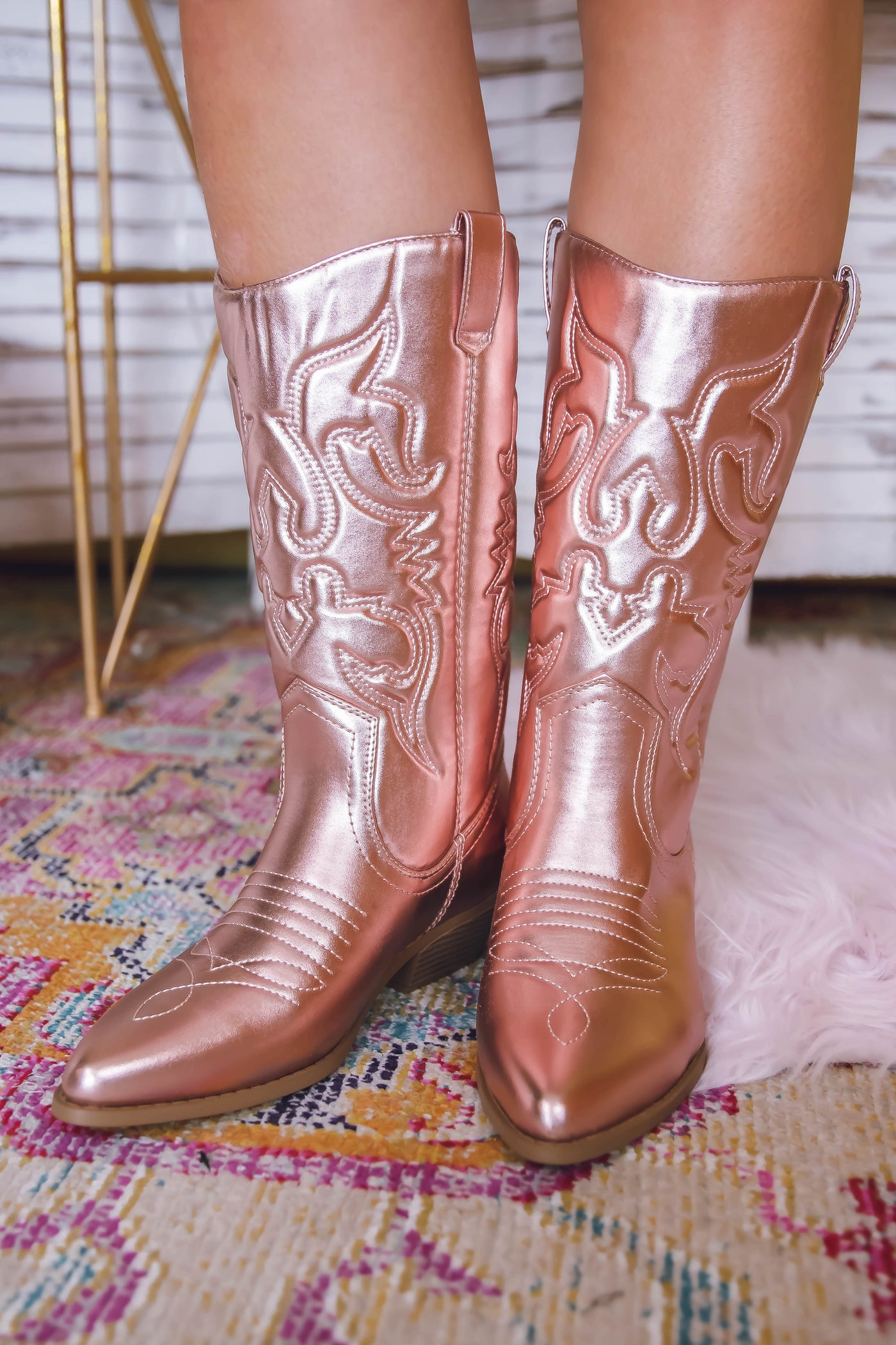 Rose Gold Cowboy Boots- Pink Metallic Boots- Pink Women's Cowboy Boots