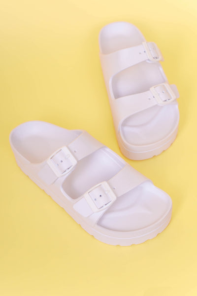 White Buckle Double Strap Slide- Women's Double Strap Slide Sandel- White Buckle Slides