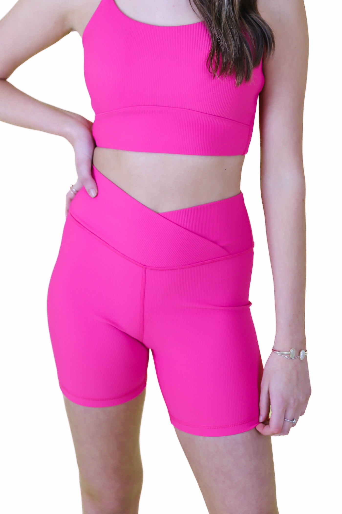 Pink Crossover Biker Shorts- Hot Pink Ribbed Biker Shorts- Affordable Women's Workout Wear