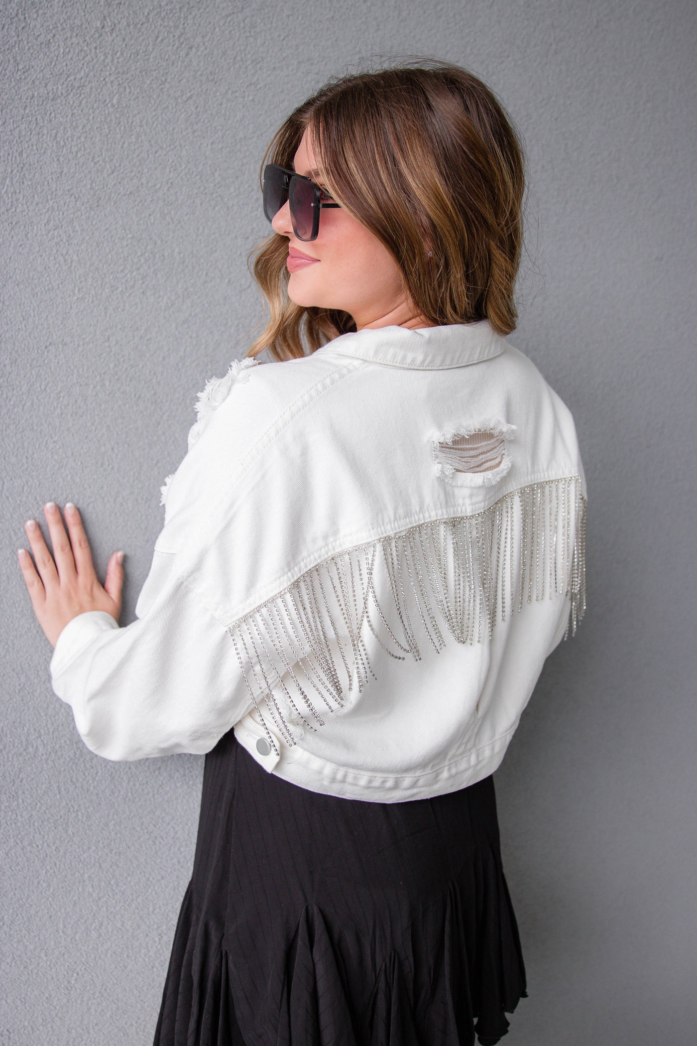 White Rhinestone Denim Jacket- Rhinestone Fringe Denim Jacket- Nashville Outfit Ideas- Blue B Rhinestone Jacket