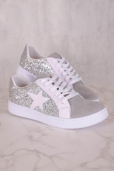 Silver Glitter Sneakers- Women's Star Sneakers- Silver Star Sneakers