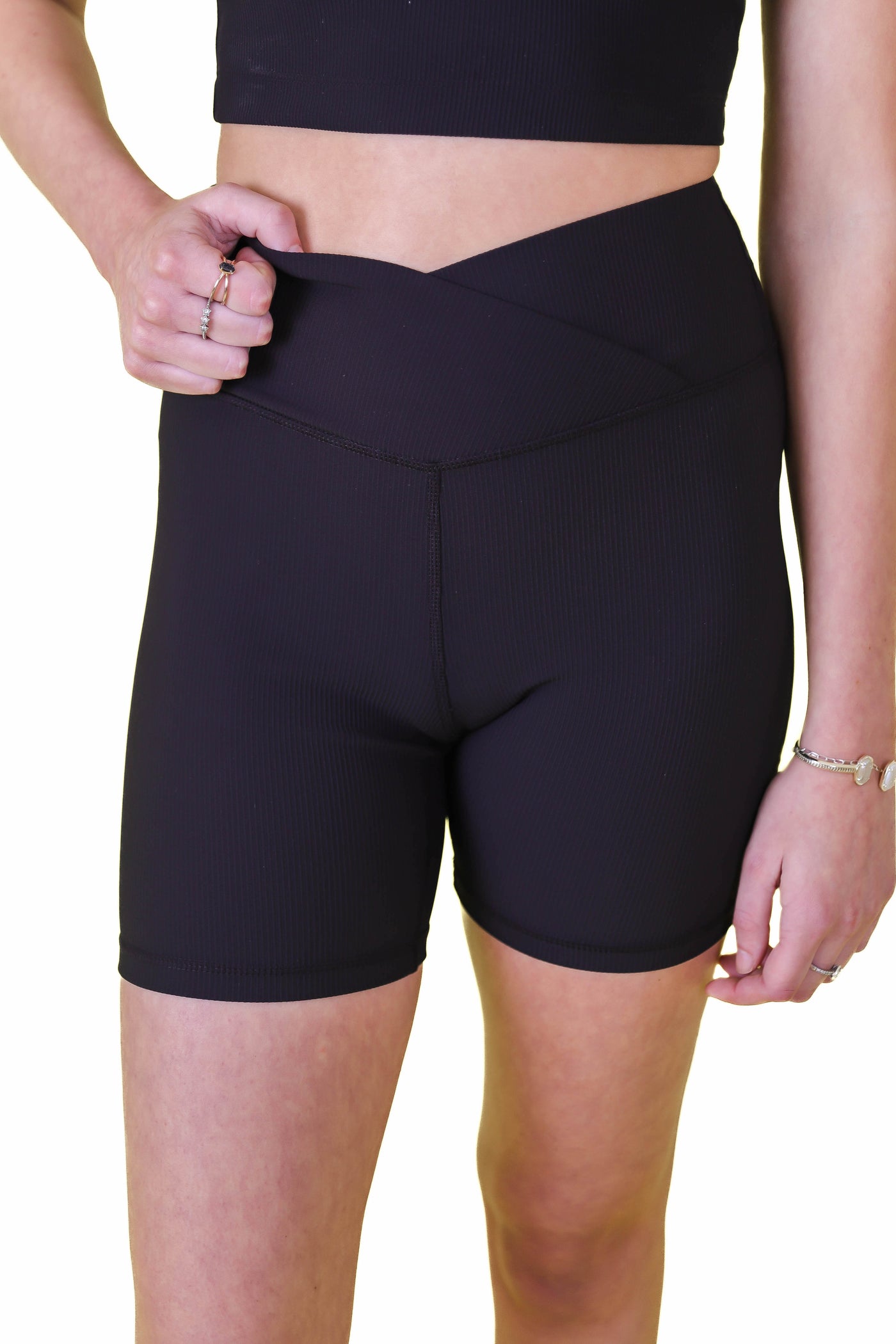 Black Crossover Biker Shorts- Black Ribbed Biker Shorts- Affordable Women's Workout Wear