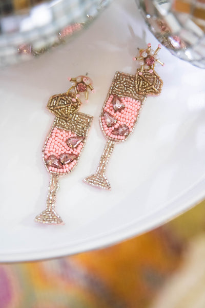 Pink Champagne Beaded Earrings- Fun Champagne Earrings- Pink and Gold Statement Earrings