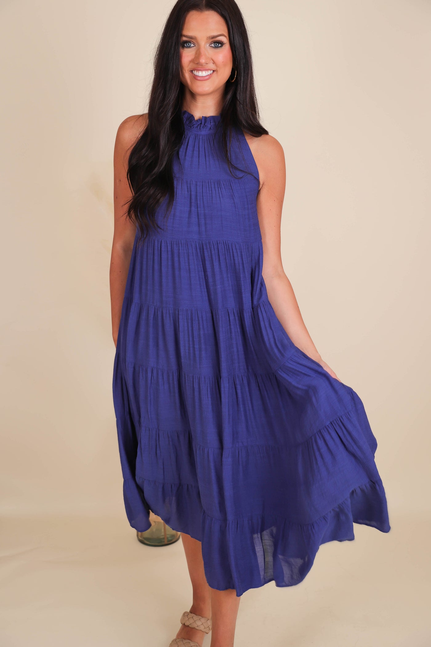 Chic High Neck Maxi Dress- Navy Tiered Maxi- Entro Maxi