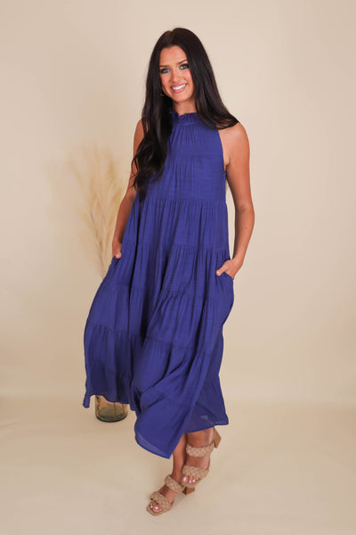 Chic High Neck Maxi Dress- Navy Tiered Maxi- Entro Maxi