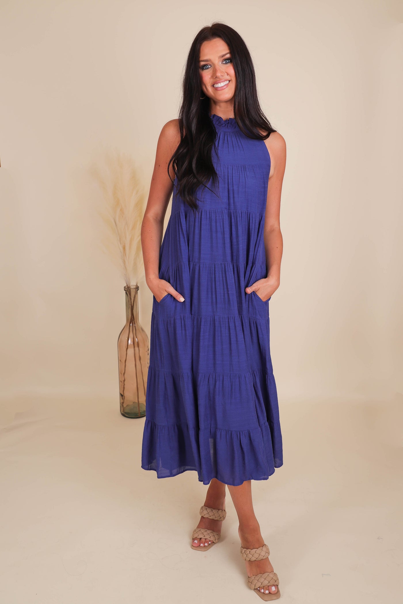 Chic High Neck Maxi Dress- Navy Tiered Maxi- Entro Maxi